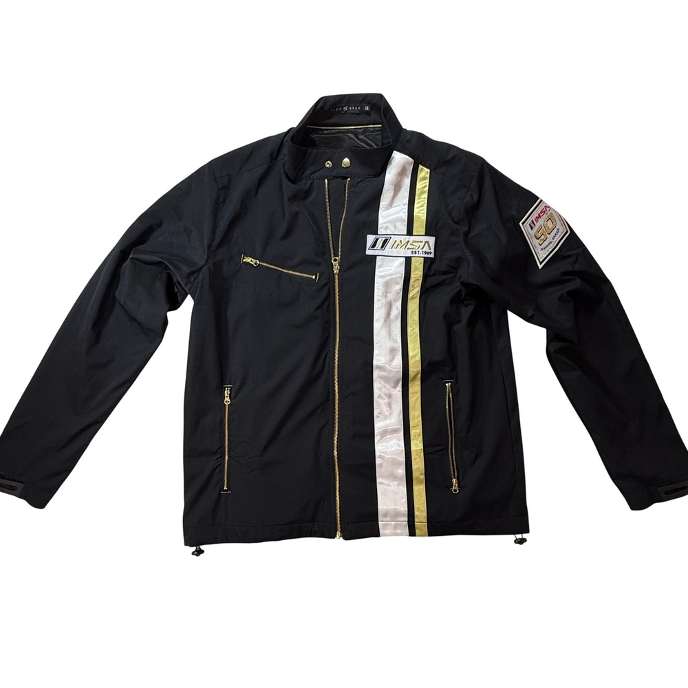 Finn Ryan IMSA Racing Jacket Mens Large 50th Anniversary Black Gold Stripe Coat